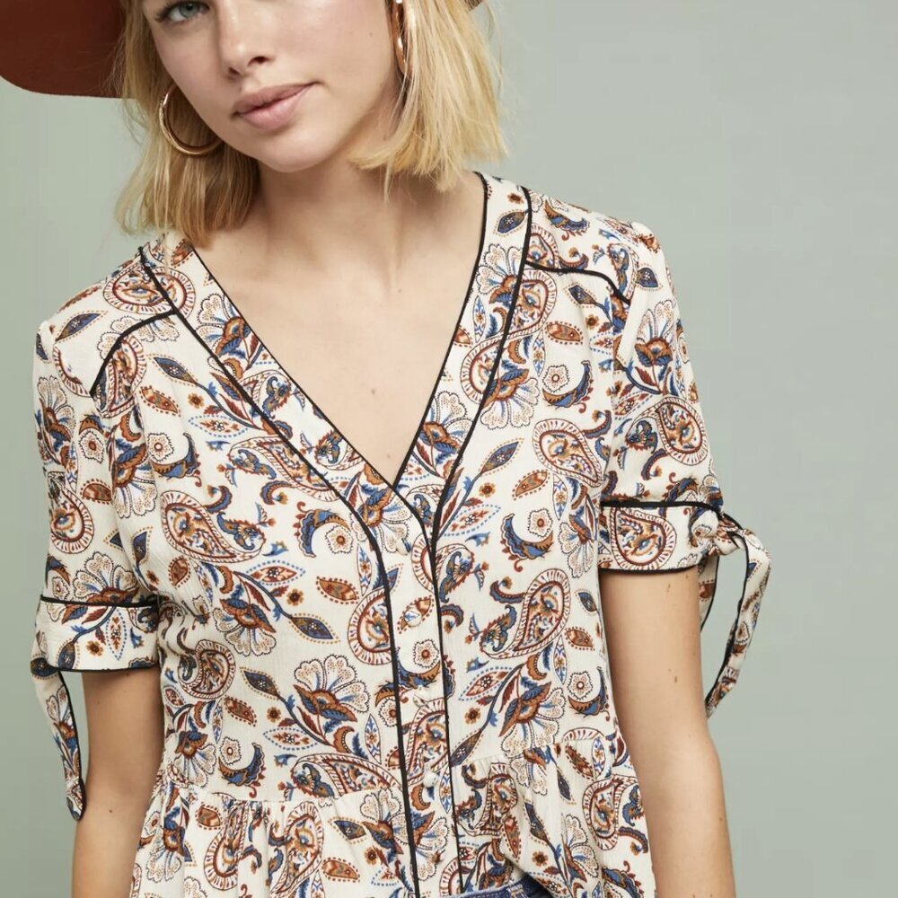 Anthropologie Cream Paisley Button-Front V-Neck Blouse